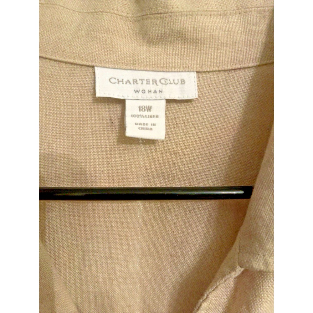 100% Linen Shirt Dress Womens 18W Beige Belted Button Front Midi Plus Size - Picture 3 of 4